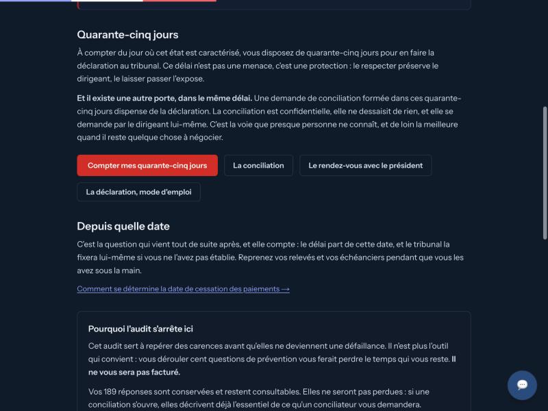 Écran du site : les quarante-cinq jours, et la conciliation comme seconde porte.