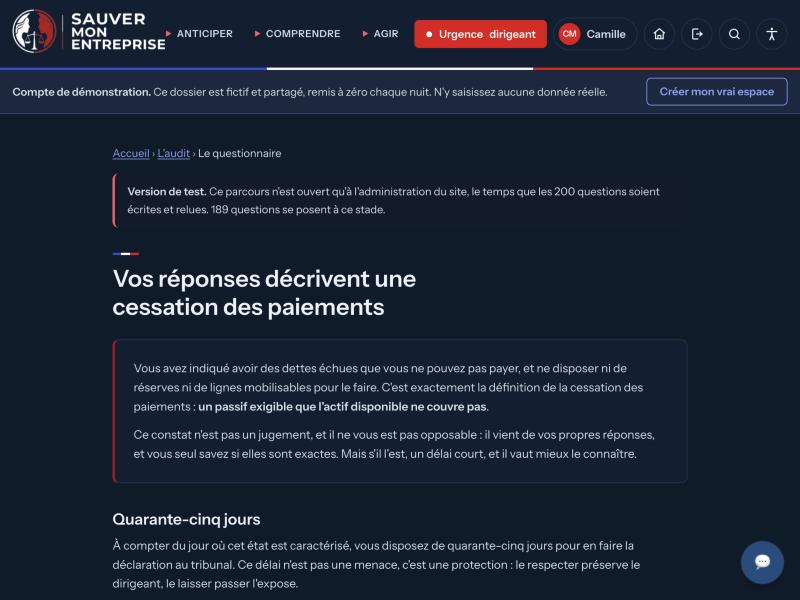 Écran du site : « Vos réponses décrivent une cessation des paiements ».