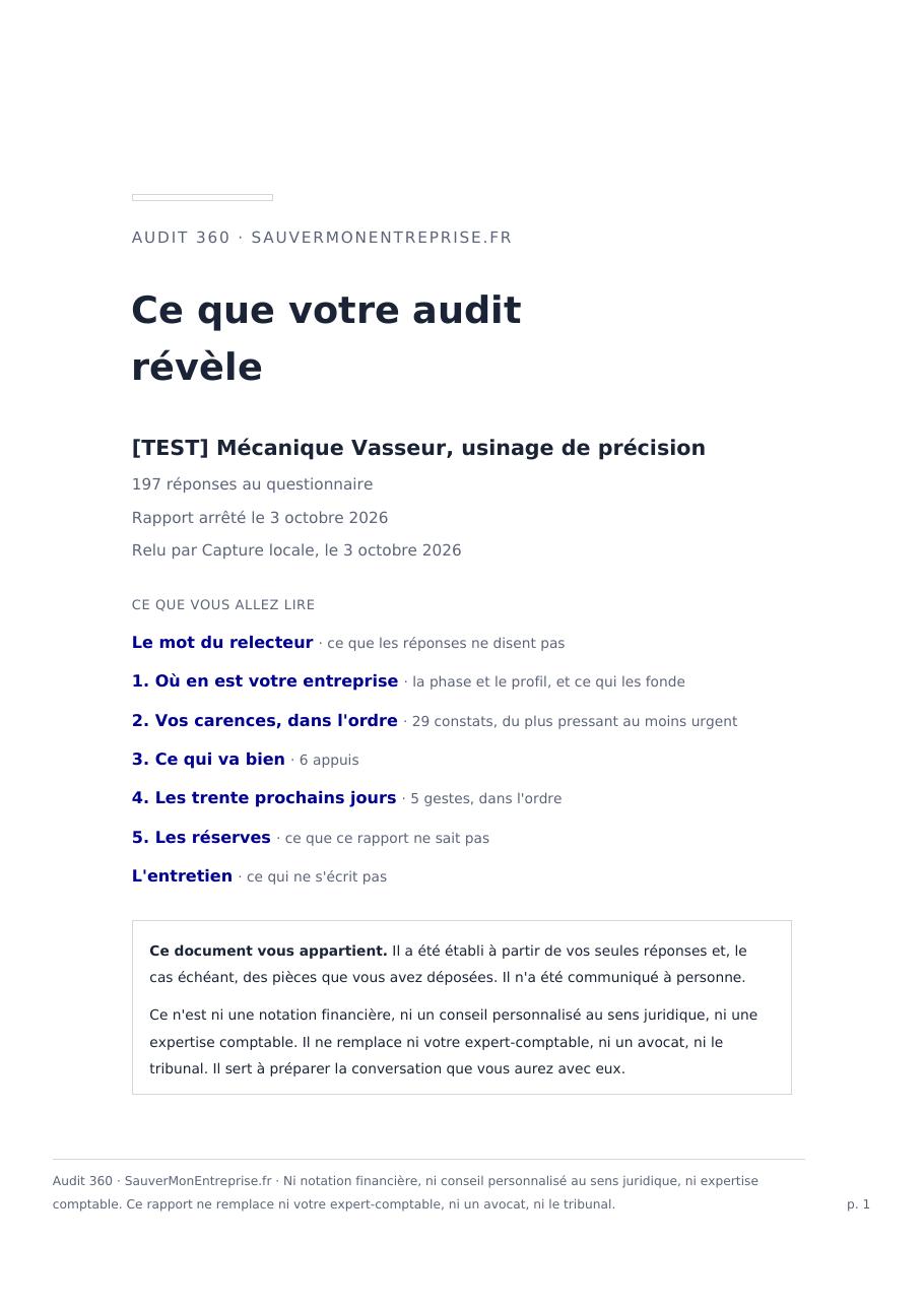 Page de garde du rapport d'audit : titre, identification de l'entreprise, sommaire et avertissement.